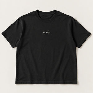 Ai slop slogan tee, black Core Tee, small off-white mono print
