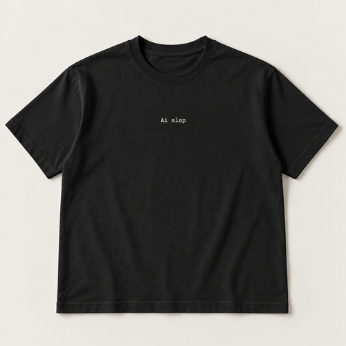 Ai slop slogan tee, black Core Tee, small off-white mono print