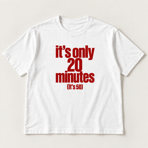 It’s only 20 minutes (it’s 50) slogan tee, white Core Tee, cherry red stacked print
