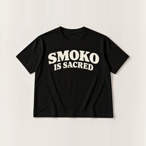 Smoko is sacred slogan tee, black Core Tee, off-white arched serif print