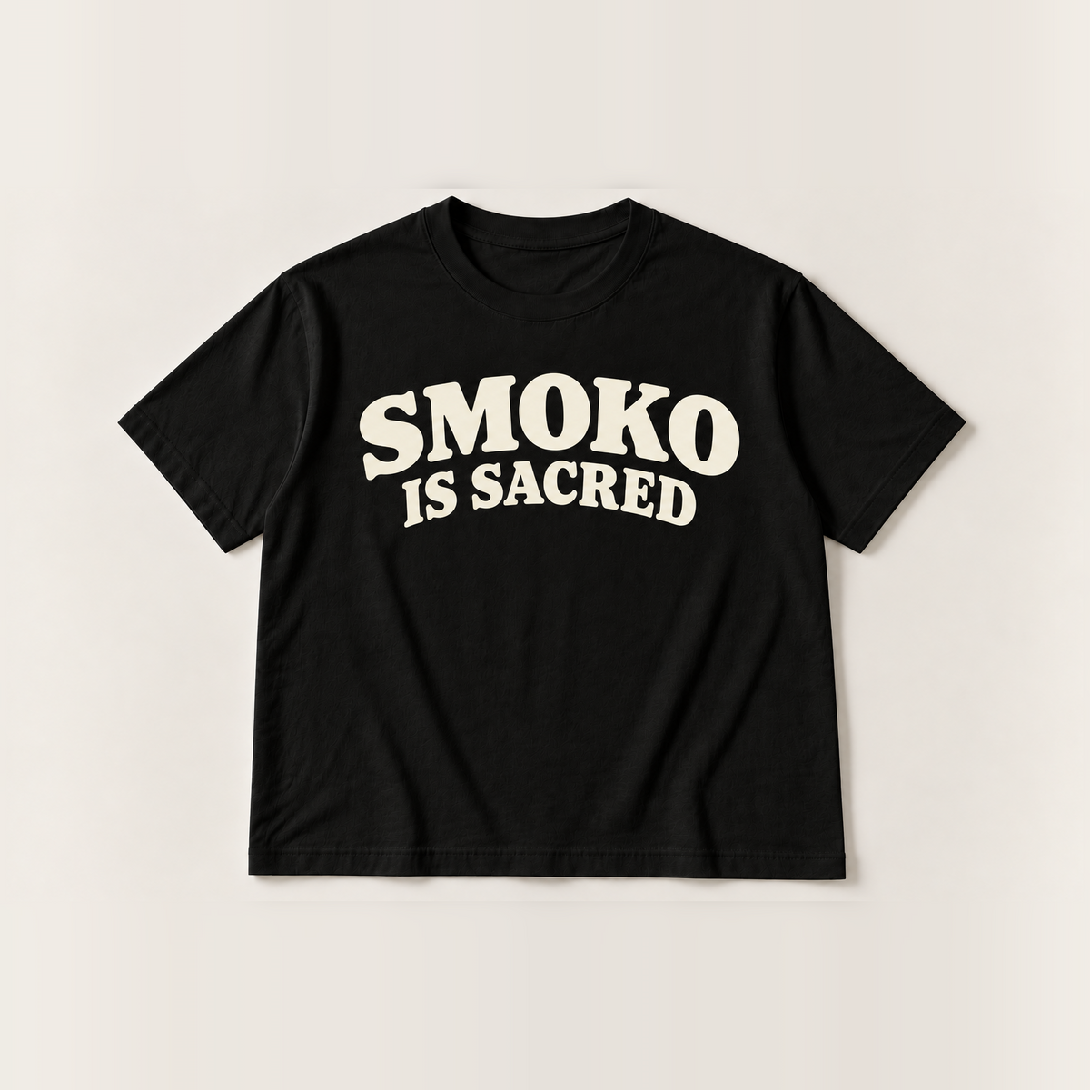 Smoko is sacred slogan tee, black Core Tee, off-white arched serif print