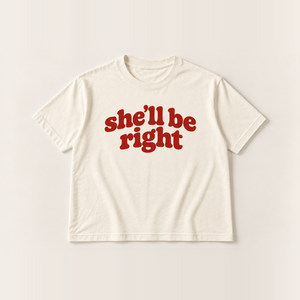 She’ll be right slogan tee, natural Core Tee, cherry red rounded print