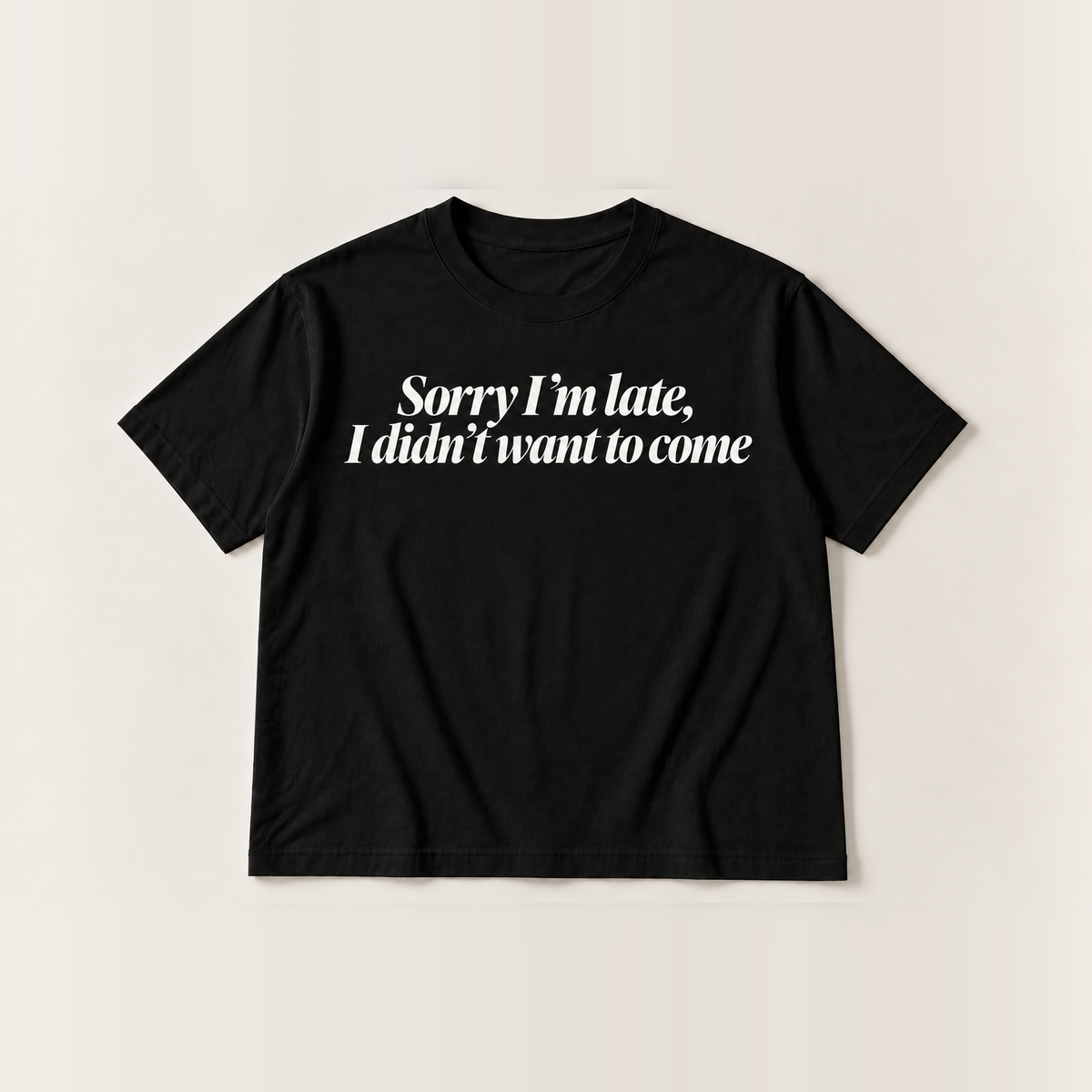 Sorry I’m late, I didn’t want to come slogan tee, black Core Tee, off-white italic serif print